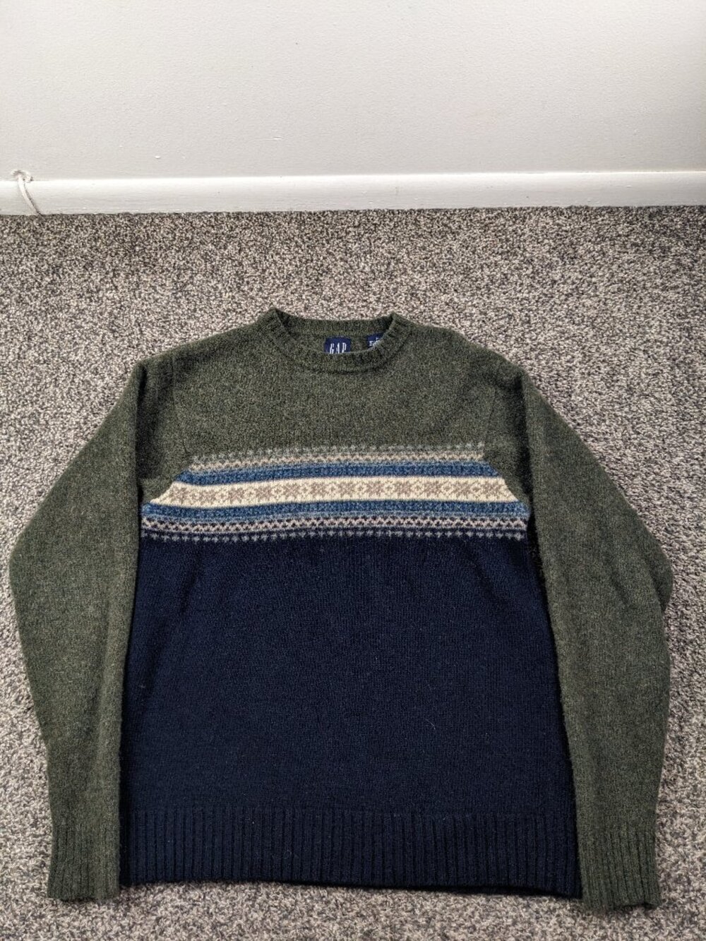 Vintage GAP Sweater Fair Isle Lambswool Crewneck Pullover Blue Green Mens Medium
